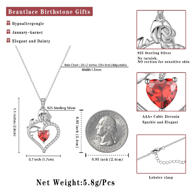 925 Sterling Silver Birthstone Necklace, Rose Flower Heart Pendant Jewelry