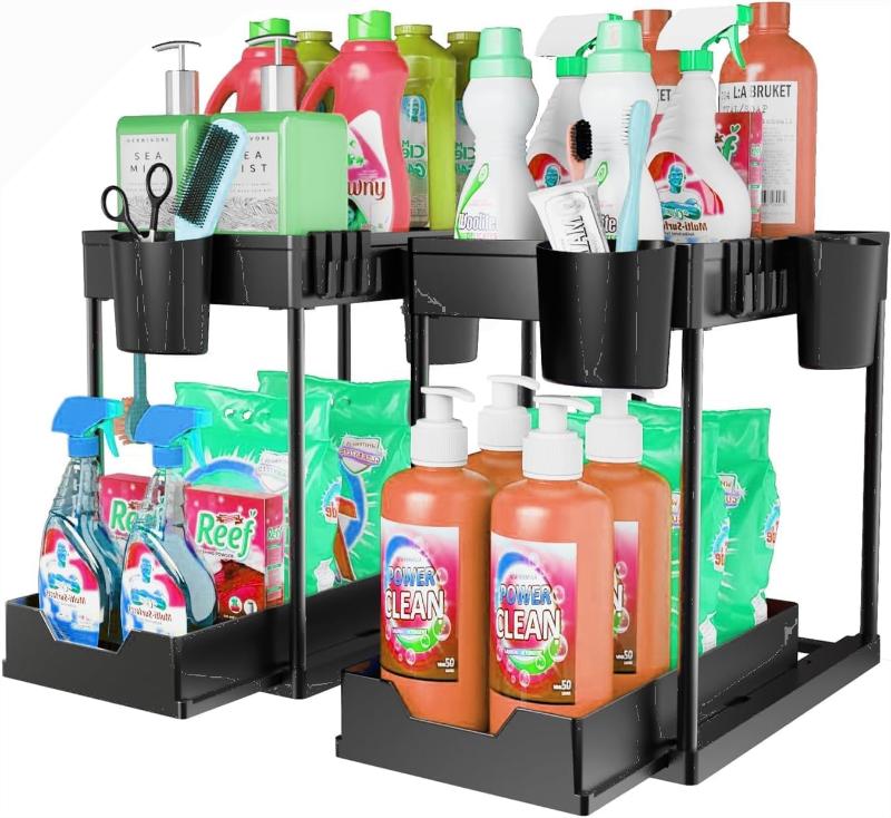 Under Sink Organizers for Storage, 2 Tier Under Sink Sliding Basket