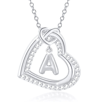 14K White Gold Love Heart Initial Necklace - CZ Hypoallergenic