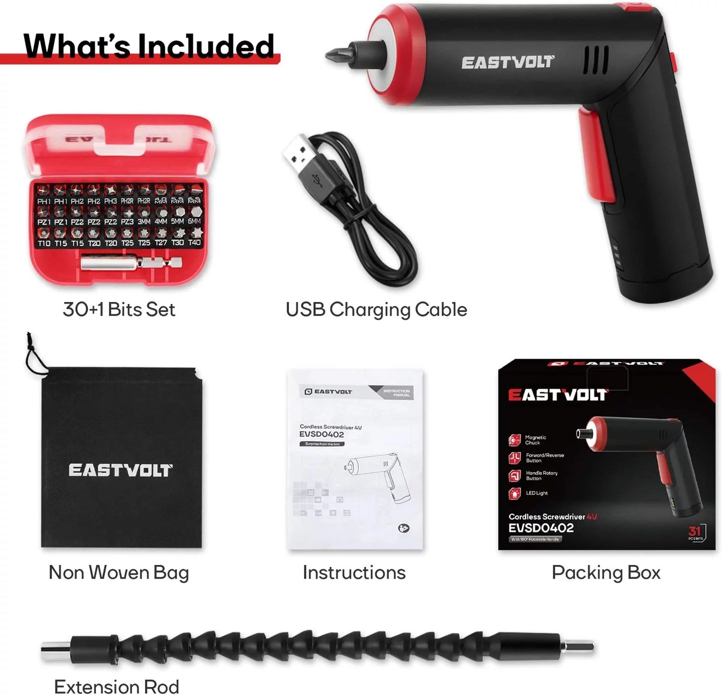 4V Electric Screwdriver - Rechargeable with 90 Degree Rotating Handle & LED Light with 31 Accessories