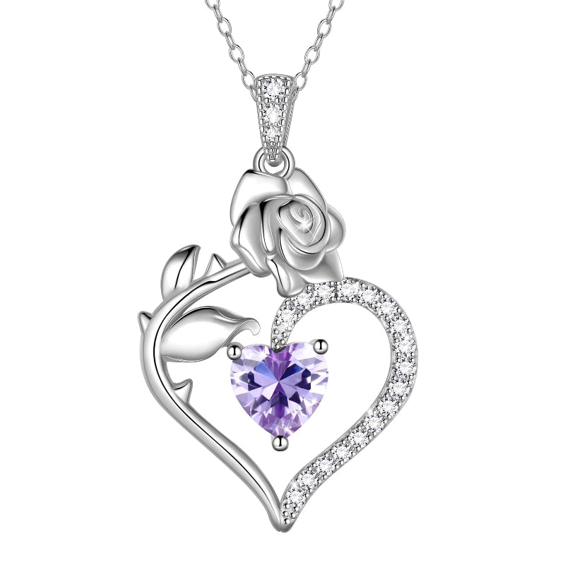 925 Sterling Silver Birthstone Necklace, Rose Flower Heart Pendant Jewelry