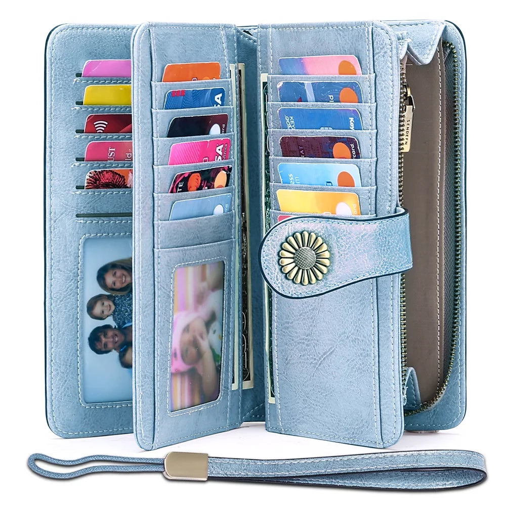 Genuine Leather Credit Card Holder with RFID Blocking Large Capacity Wristlet Wallet