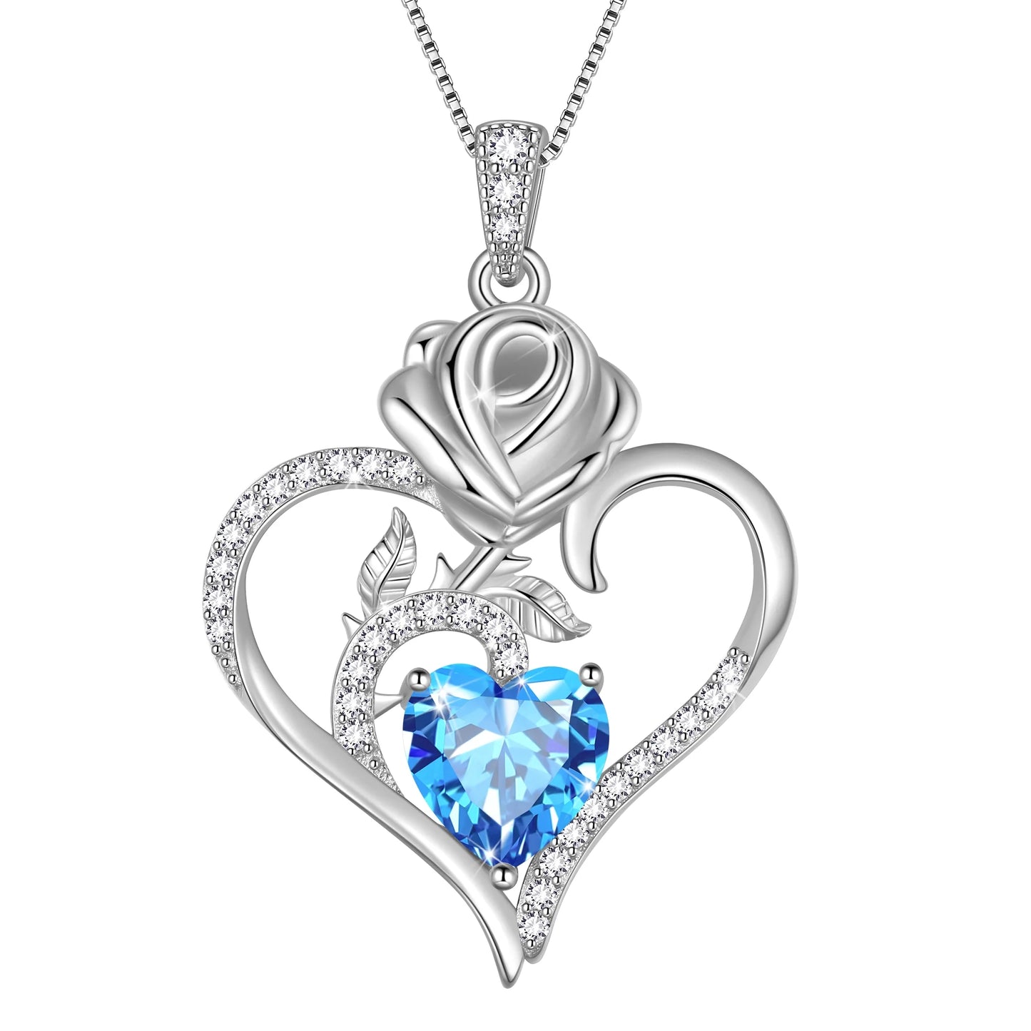 925 Sterling Silver Birthstone Necklace, Rose Flower Heart Pendant Jewelry