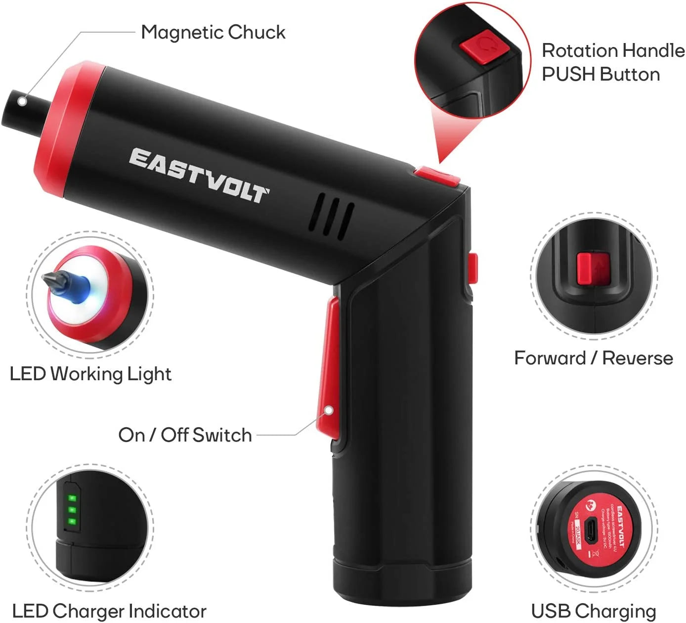 4V Electric Screwdriver - Rechargeable with 90 Degree Rotating Handle & LED Light with 31 Accessories