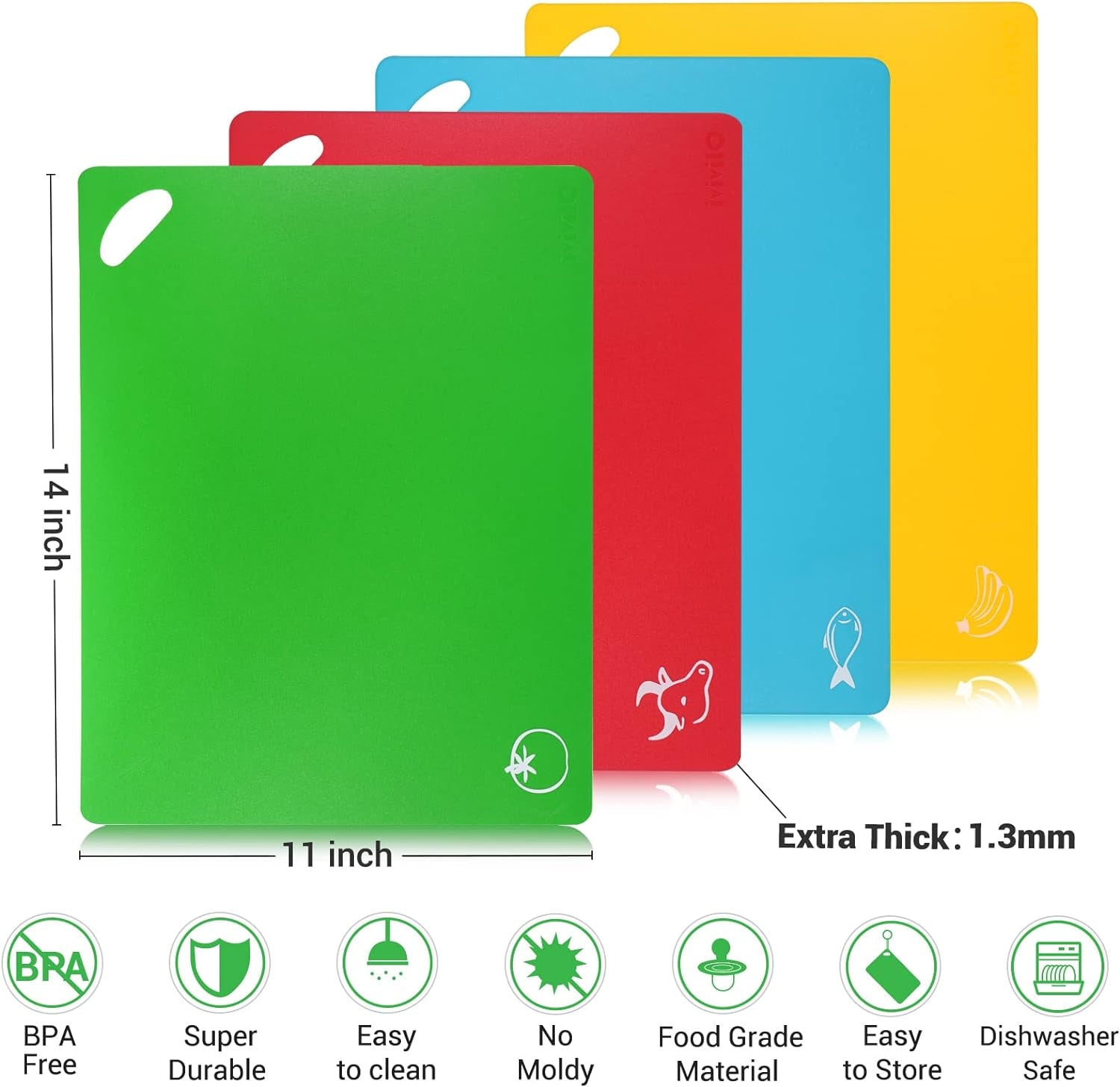 Kitchen Plastic Cutting Board Set - Extra Thick Flexible, Non-Slip Chopping Board with Colored Food Icons - Dishwasher Safe