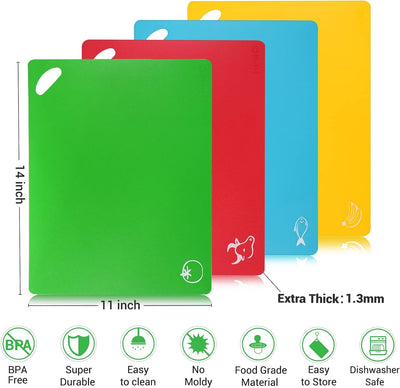 Kitchen Plastic Cutting Board Set - Extra Thick Flexible, Non-Slip Chopping Board with Colored Food Icons - Dishwasher Safe