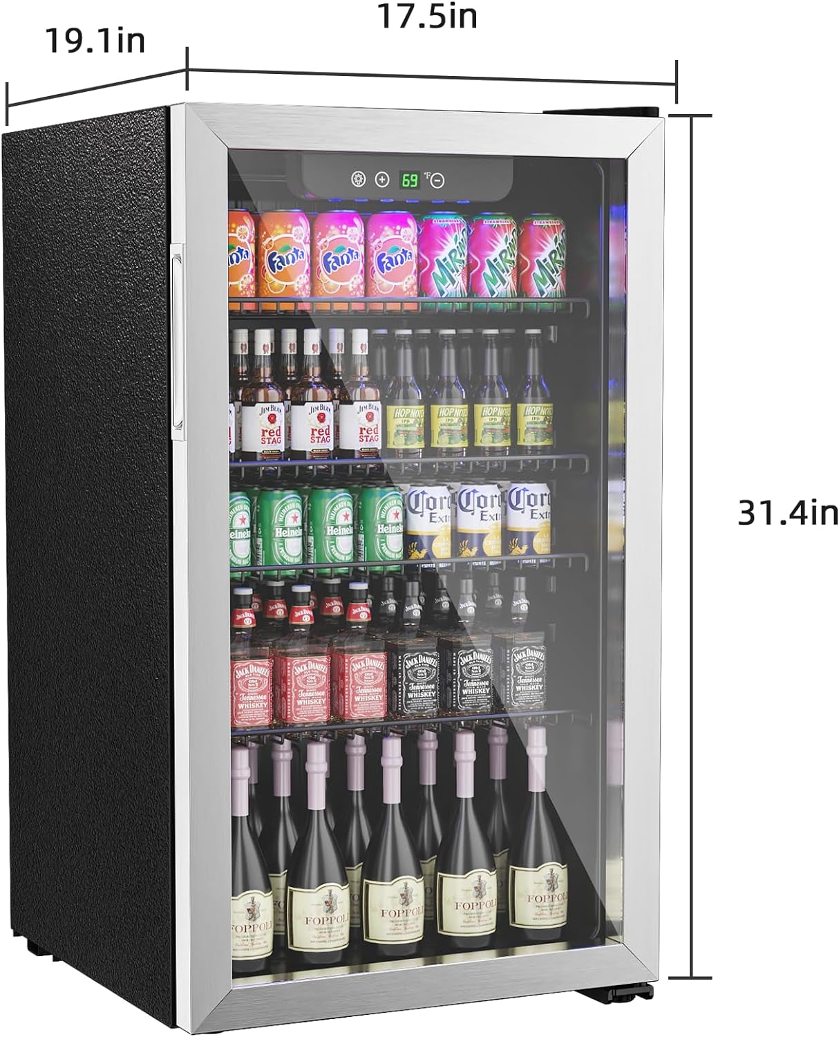 3.2 Cubic Feet Mini Fridge,126 Can Freestanding Beverage Refrigerator with Glass Front Door, Under Counter Drink Dispenser with Adjustable Shelves (Silver)