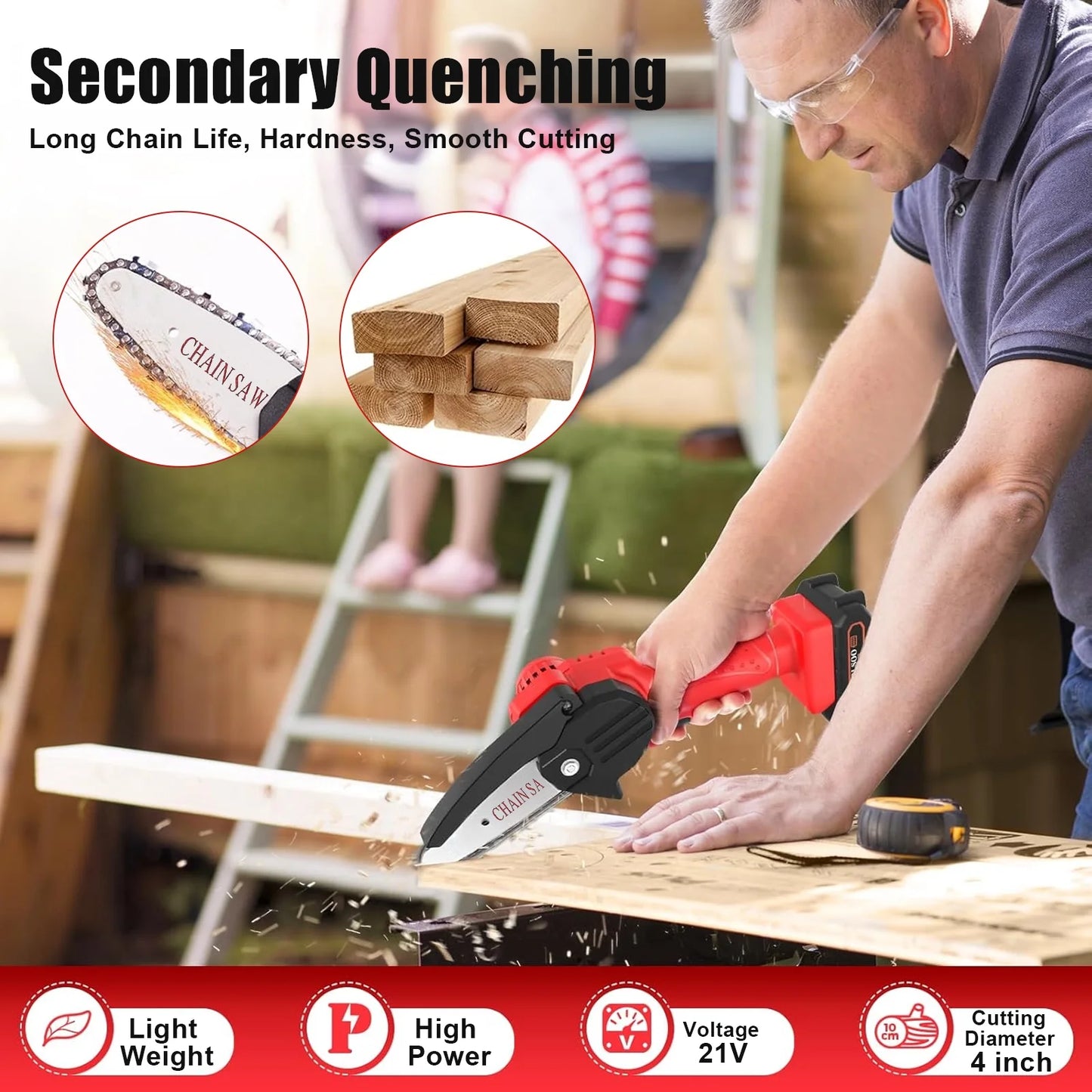 21V Cordless Mini Chainsaw – 4-Inch Electric Hand Saw with 1 Batteries, 350W