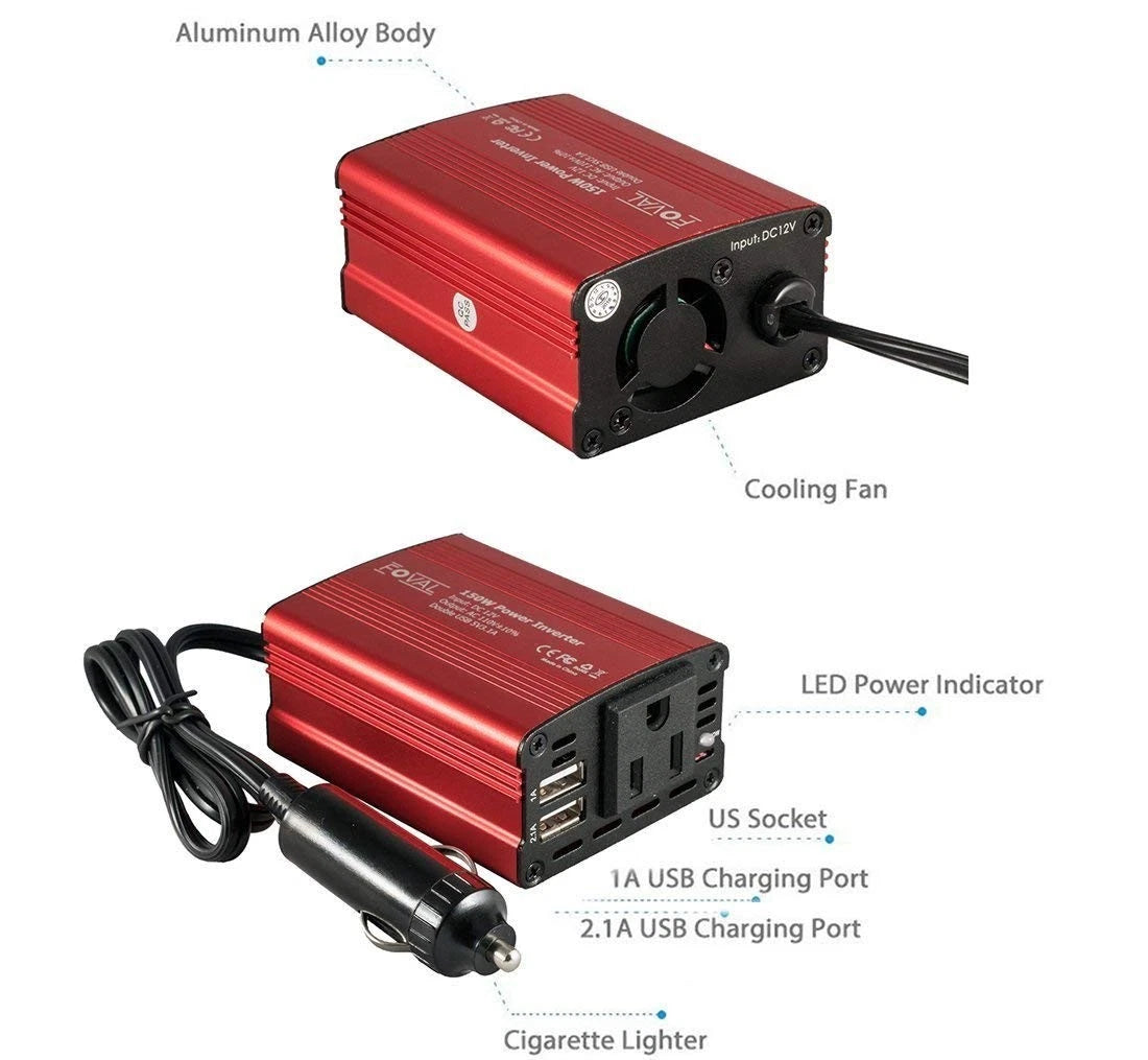 FOVAL 150W Car Power Inverter 12V DC to 110V AC Converter Vehicle Adapter Plug