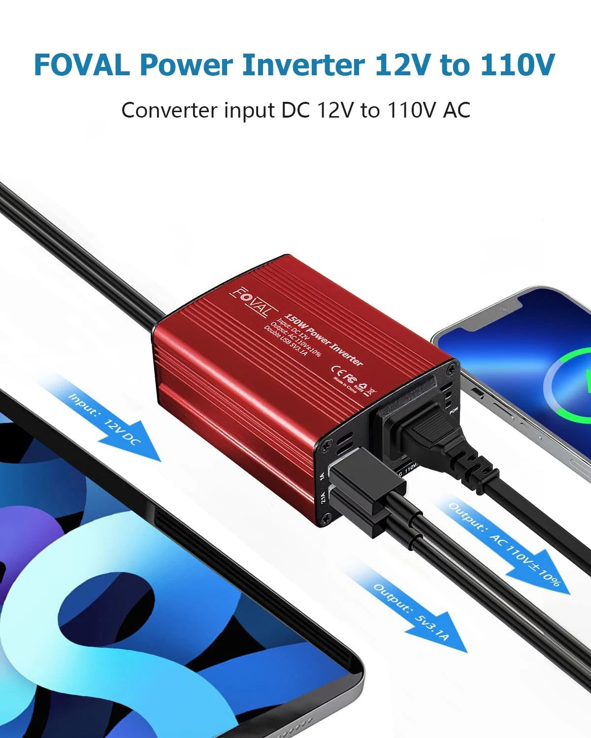 FOVAL 150W Car Power Inverter 12V DC to 110V AC Converter Vehicle Adapter Plug