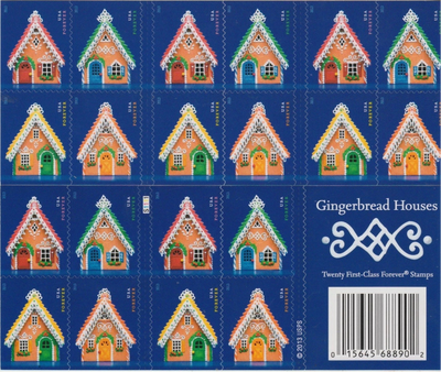 USPS Gingerbread Houses 2013 Forever Holidays Stamps - Book of 20 Postage Stamps