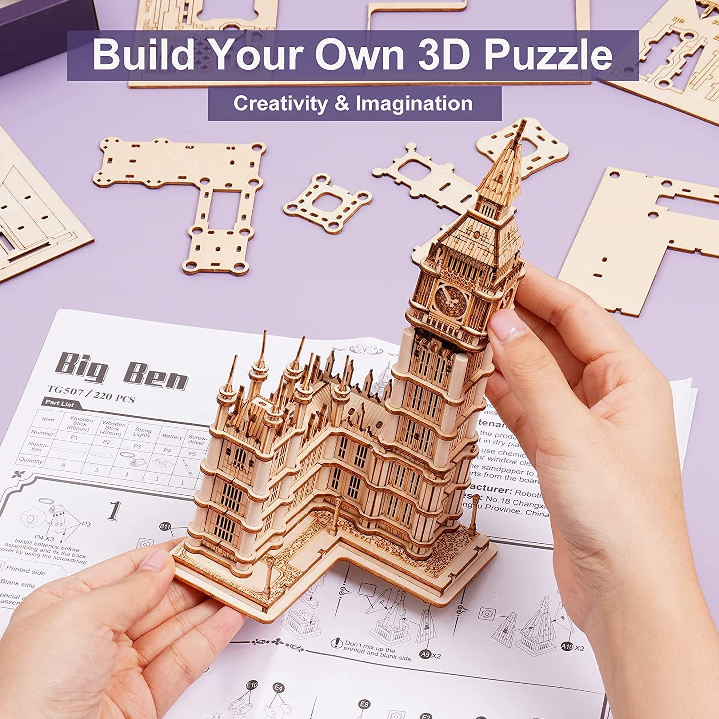 3D Puzzle for Adults Wooden Craft Kits for Teens DIY Construction Model Kit with LED Light to Build Educational Big Ben Set Toys