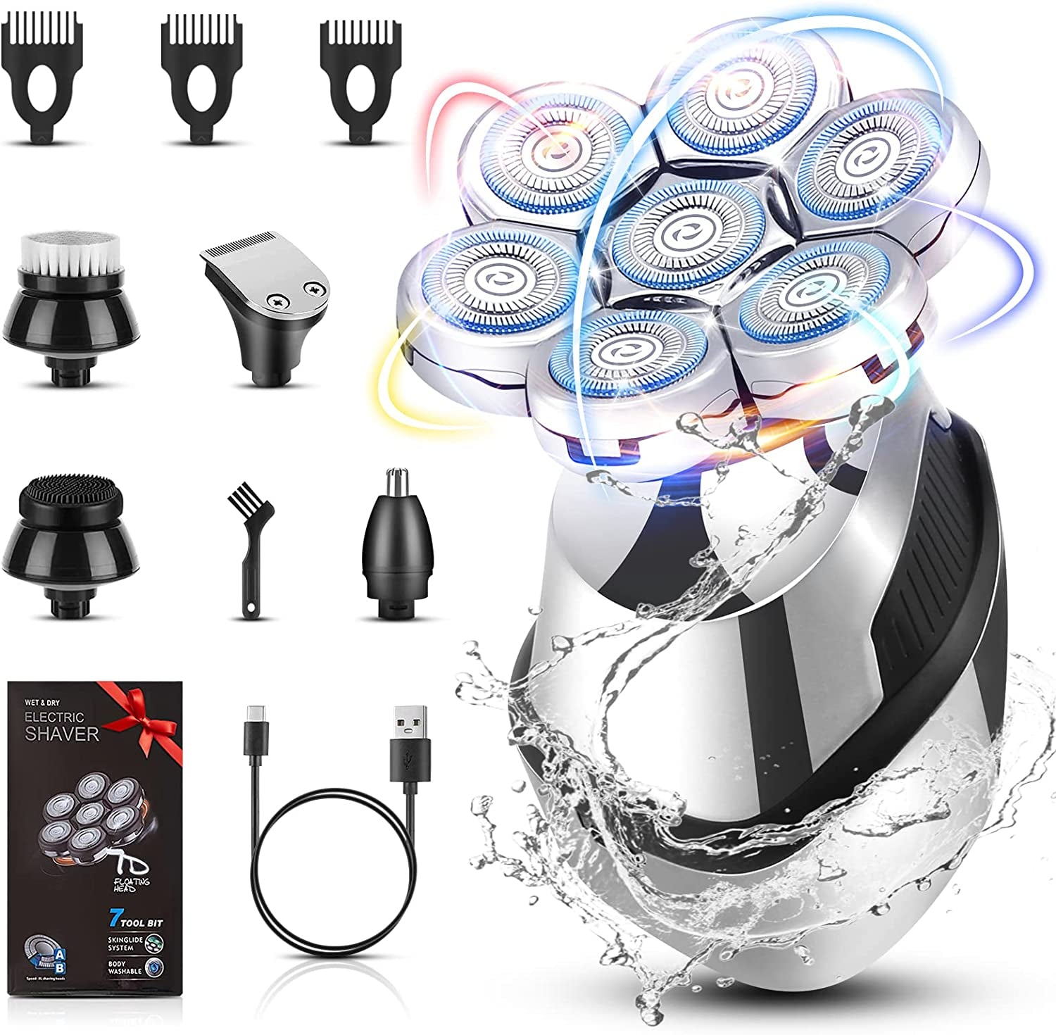 9-In-1Head Shavers for Bald Men Upgrade 7D Electric Rotary Shavers for Men Head Shavers Cordless USB Rechargeable, Ipx6​ Wet Dry Electric Razor Super Close Head Shaver with Nose Hair Sideburns
