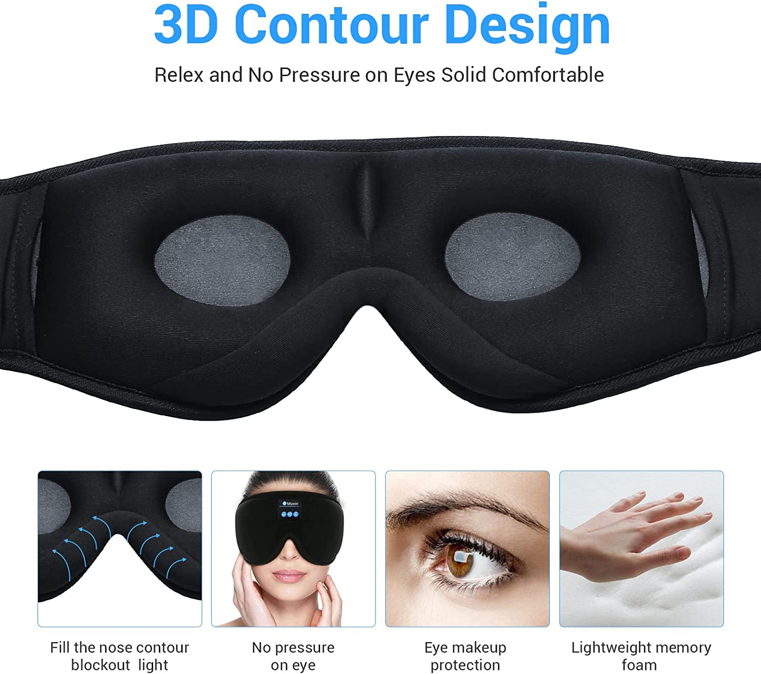 Bluetooth Sleep Eye Mask 3D Sleep Headphone with Headphones with Speakers and Microphone, Wireless Music Sleeping Eye Mask Washable Earbuds for Side Sleeper, Air Travel, Office Nap, Meditation