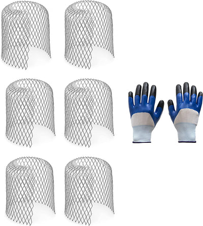  6 Pack Gutter Guards Downspout - Expandable Stainless Steel Mesh Strainer - Stop Leaf and Debris Blockage - Gutter Spout Protection - Complete with a Pair of Working Gloves