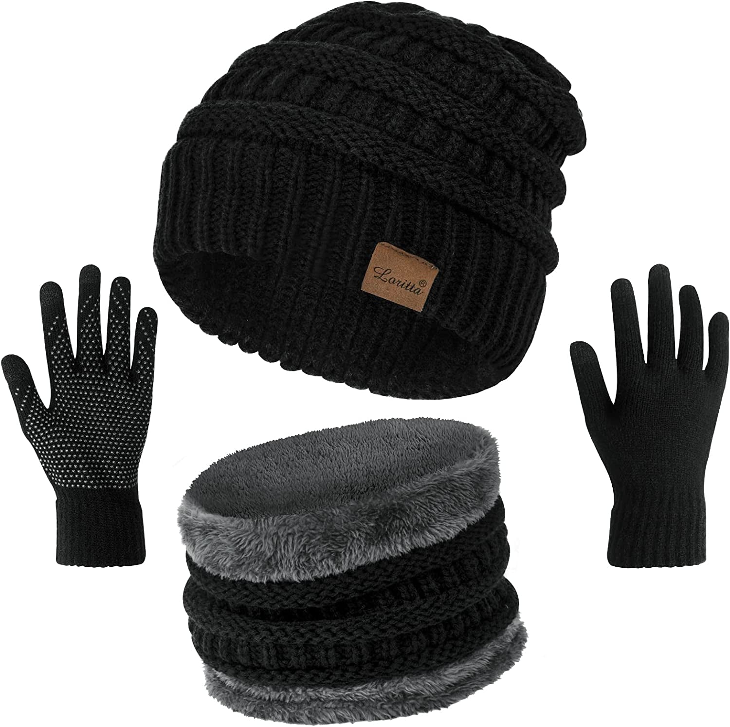 Sherpa Beanie Winter Hats Scarf and Gloves Set for Women Slouchy Skull Cap Sherpa Lined Neck Warmer Glove