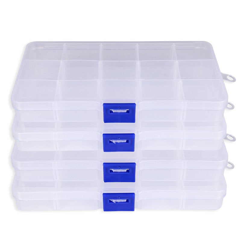 4 Packs 15 Grids Clear Plastic Craft Organizers and Storage, Bead Organizer Jewelry Storage Adjustable Compartments Assortment Box Tool Container for Screw Organizer and Small Parts Organizer