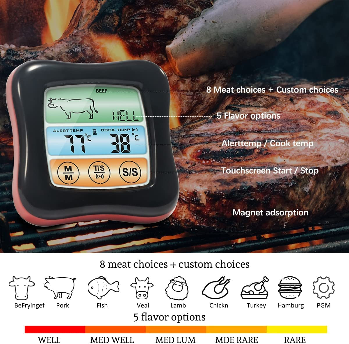 Digital Instant Read Meat Thermometers with Probe for Cooking and Grilling, Kitchen Timer, Waterproof Large Touchscreen LCD Food Thermometer