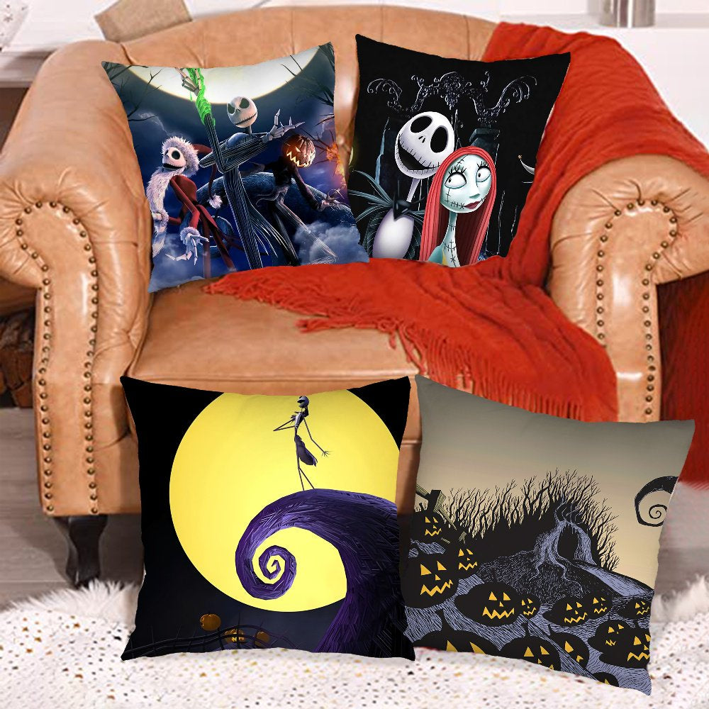  Halloween Pillows Cover the Nightmare before Christmas Set of 4 18X18In Peach Skin Square Pillow Cushion Case Halloween Fall Decor for Rustic Couch Home Decor