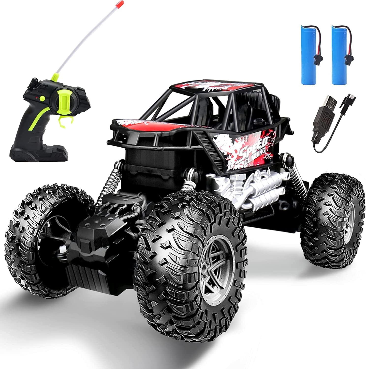 JYFKZK 1:18 Scale RC Monster Vehicle Truck Crawler, All Terrains 4WD High Speed Electric Vehicle with Remote Control, off Road Truck with Two Rechargeable Batteries for Boys Kids and Adults Red (Red)