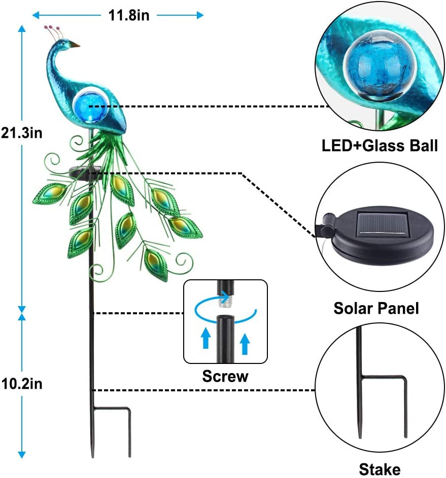  Garden Solar Lights Stake, Metal Peacock Decor Solar Garden Lights Solar Peacock Stake for Outdoor Patio Yard Decorations (Blue Lampshade)