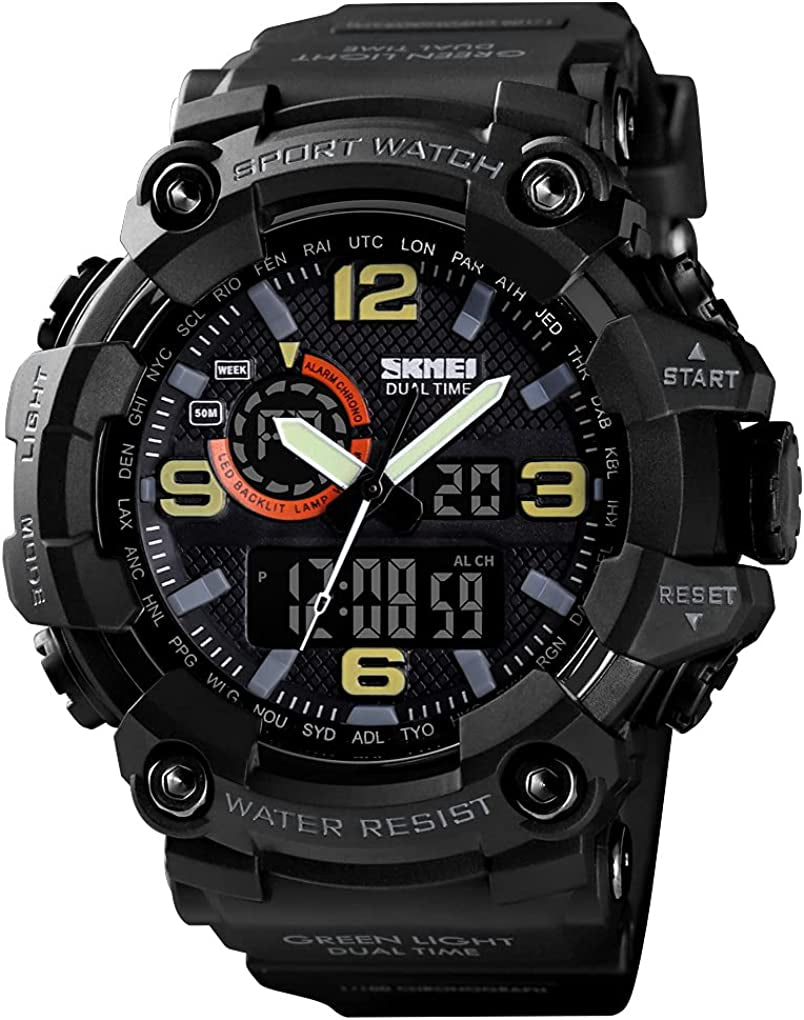 Men Digital Sports Watch, Dual Time Display LED Military Wrist Watch, Shockproof Large Dial Men Wristwatches Outdoor Waterproof Alarm Watches