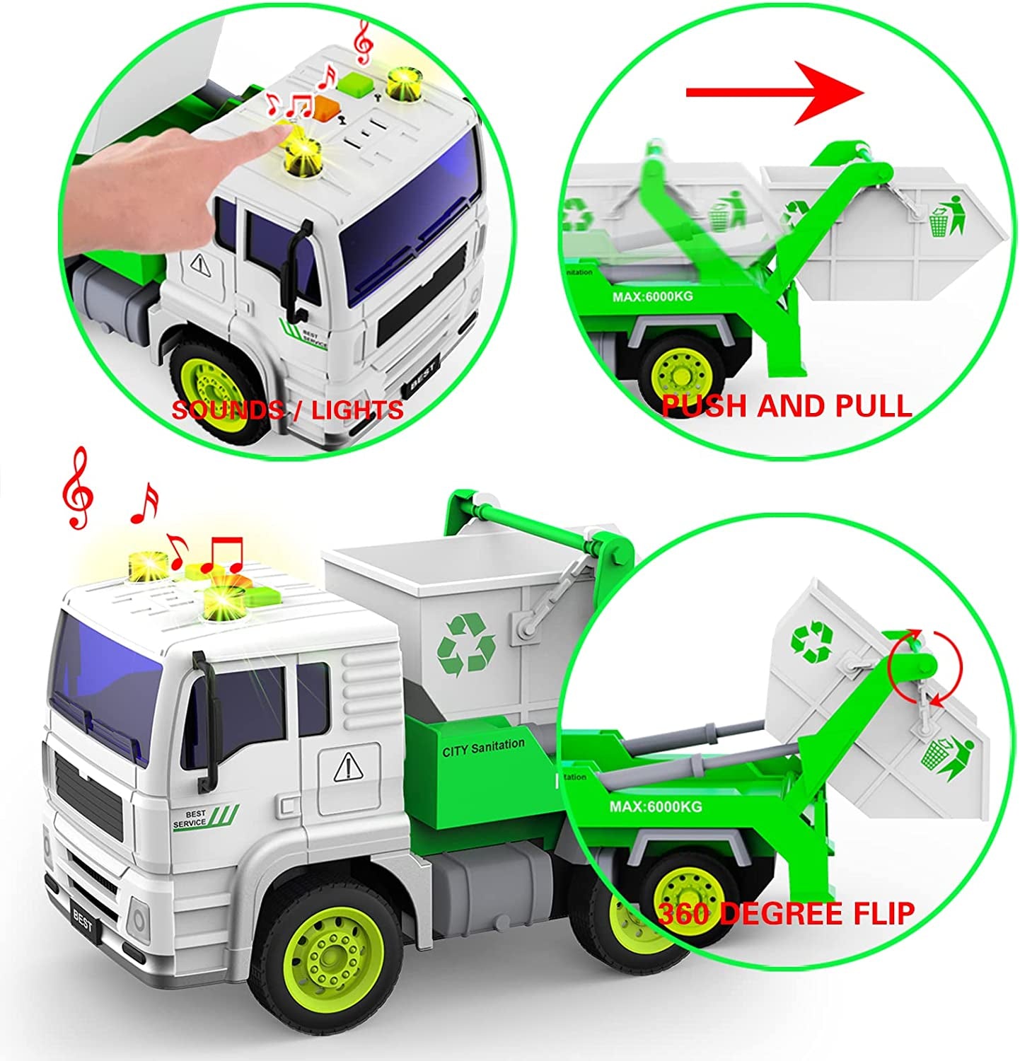 Garbage Truck Toys, 2 in 1 Friction-Powered Trash Truck Toys with Light and Sound, Back Dump Garbage Recycle Truck Toy Set with 4 Trash Cans, Playmobile Toy for Kids