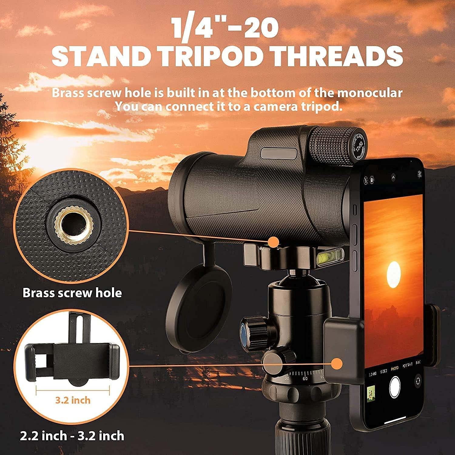 Monocular Telescope,12X50 High Power HD Monocular with Smartphone Holder Tripod Waterproof Night Vision and Clear Prism Dual Focus,Hunting Travelling Wildlife Bird Watching Gifts, Black