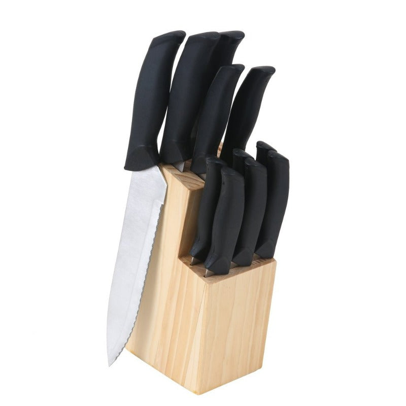  12 Piece Cutlery Set with Soft Grip Handles and Wood Storage Block