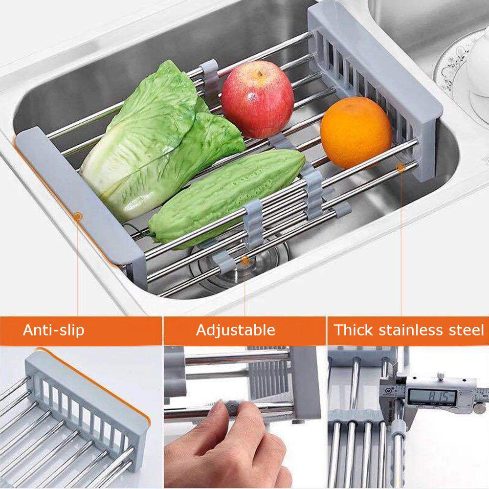 Expandable Dish Drying Rack over the Sink Dish Basket Drainer with Telescopic Arms Functional Kitchen Sink Organizer for Vegetable (8"-17") X 3.6" X 9"