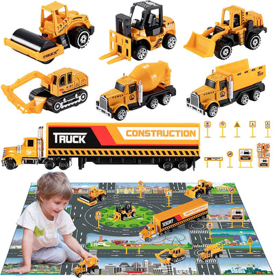 Diecast Engineering Construction Vehicles Truck Toys Set W/Play Mat, 7 Alloy Pull Back Cars, Play Mats for Toddlers and a Set of Road Signs, Kids Construction Toys, Toys for 3+ Year Old Boys and Girls