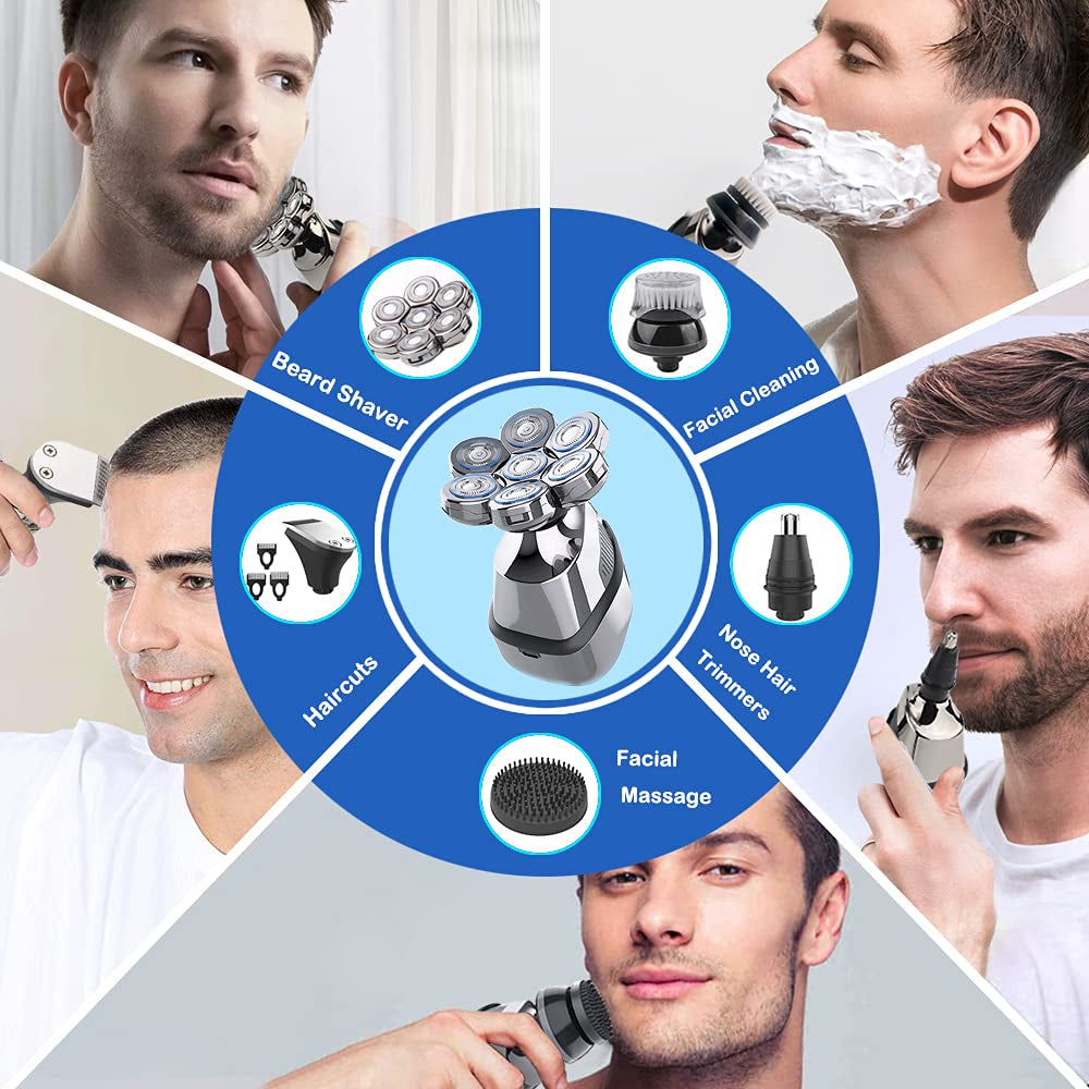 Head Shaver for Men, 5-In-1 Electric Razor for Men, Wet & Dry, Anti-Pinch, Upgrade Cordless with 7D Floating Shaving Heads, Waterproof and Rechargeable Rotary Bald Head Shaver