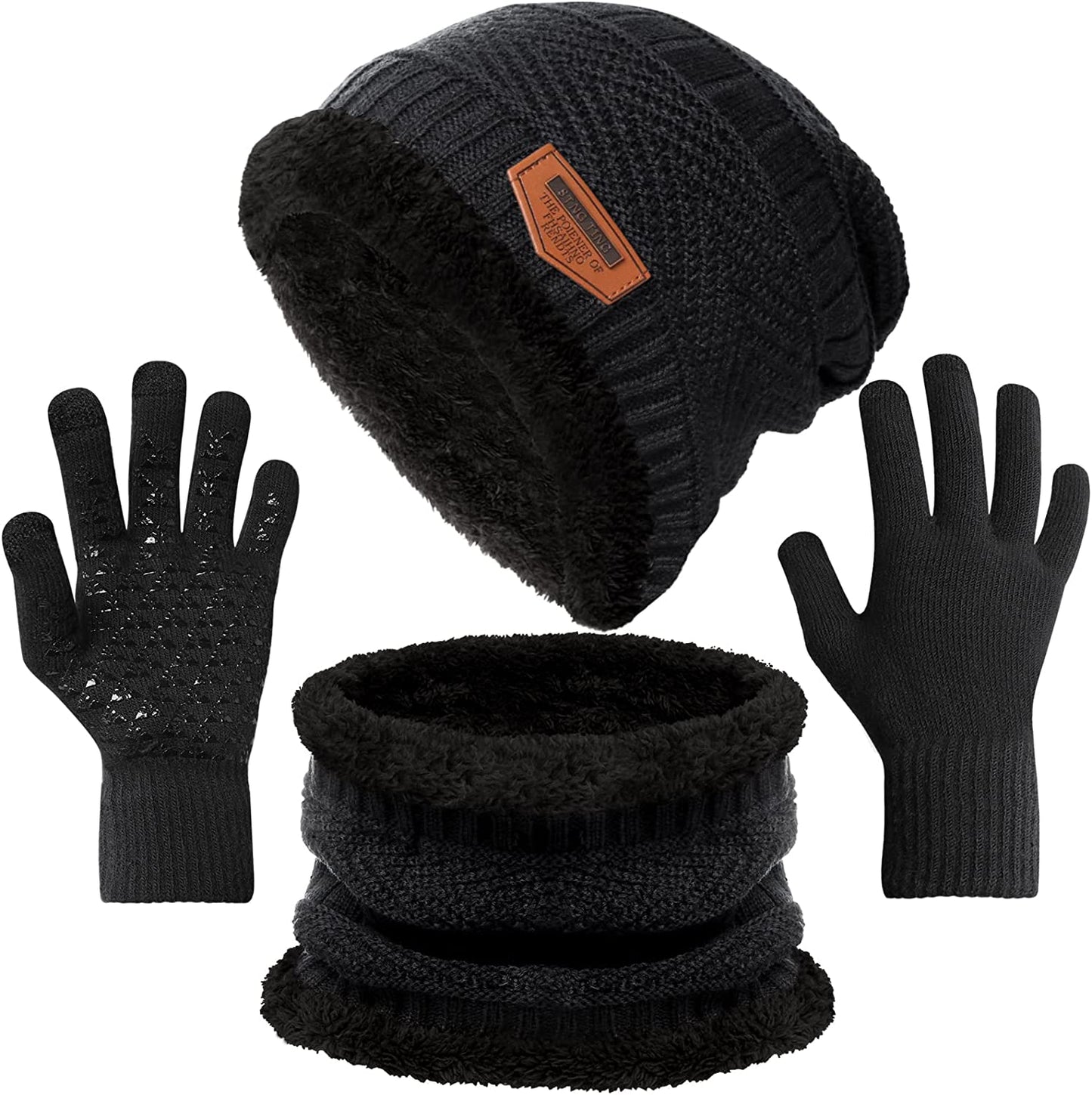 Winter Knit Beanie Hat Neck Warmer Gloves Set Warm Fleece Lined Skull Cap Infinity Scarf Touchscreen Gloves for Men & Women