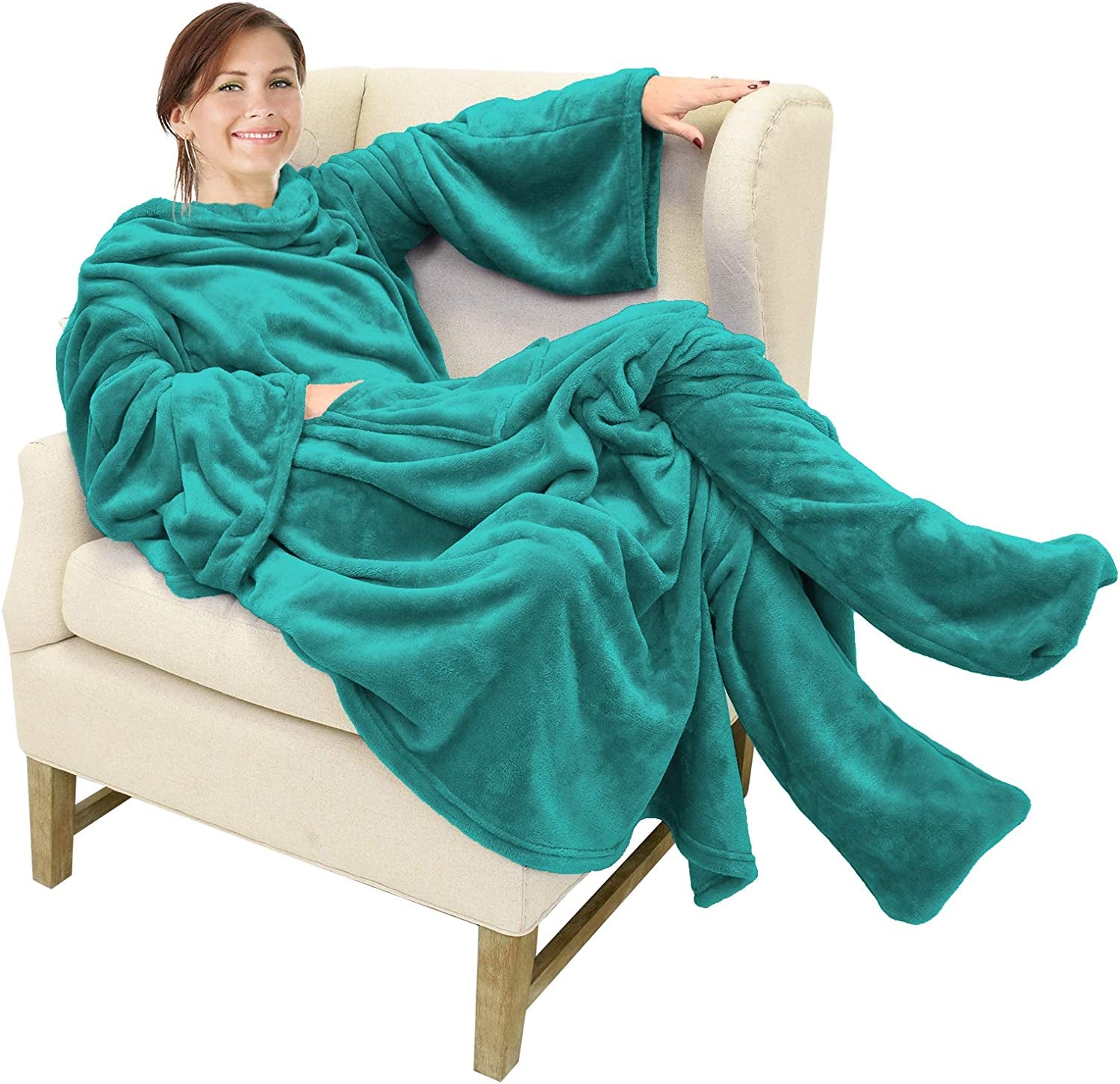 Wearable Fleece/Sherpa Blanket with Sleeves and Foot Pockets for Adult Women Men, Micro Plush Comfy Wrap Sleeved Throw Blanket Robe Large