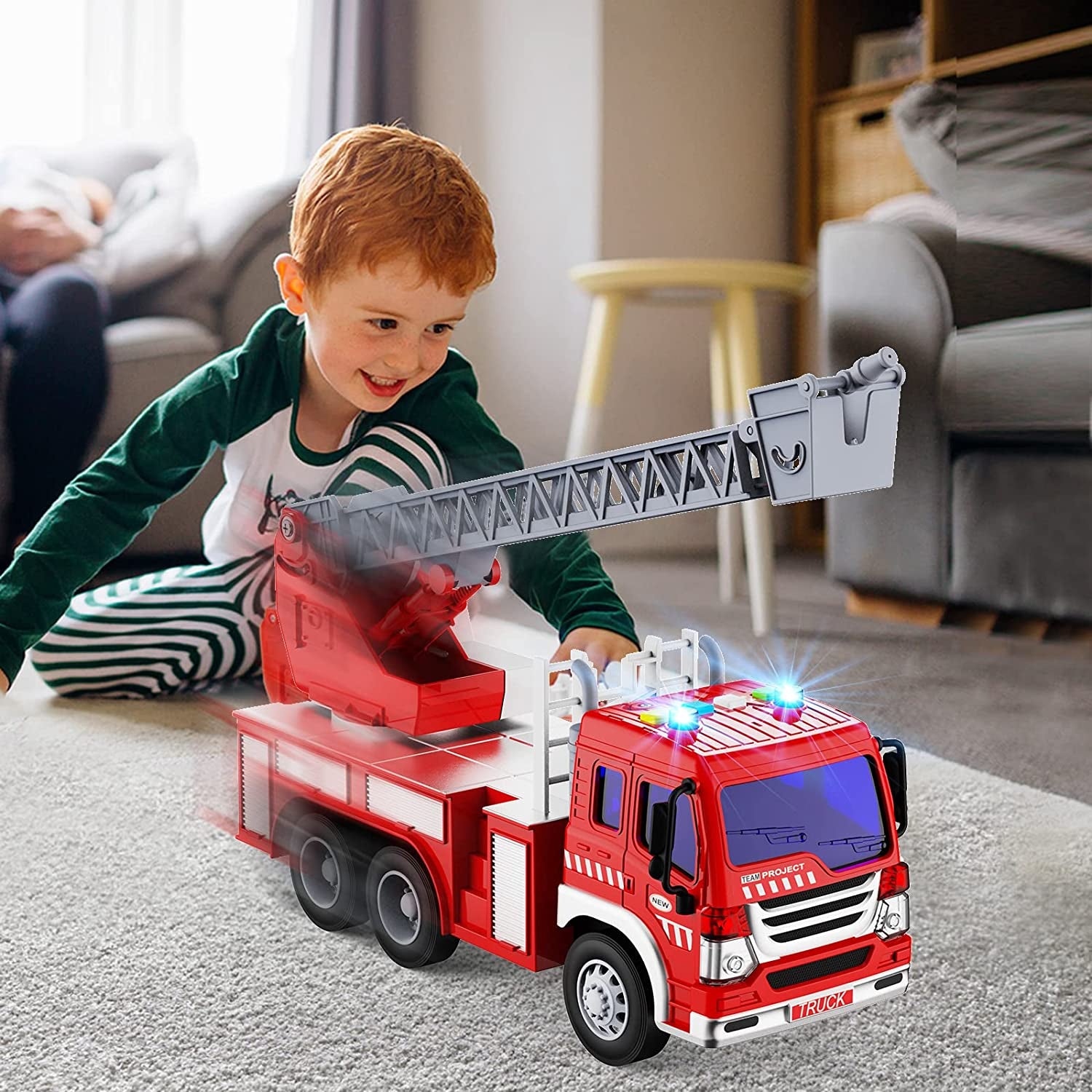Fire Truck Toy, TOYABI Fire Truck Toys for 3 Year Old Boys, Toy Fire Truck for inside Play with Lights, Sirens Sounds and Extendable Resce Rotating Ladder, 12-Inch Fire Truck Best Gifts Toys for Boys