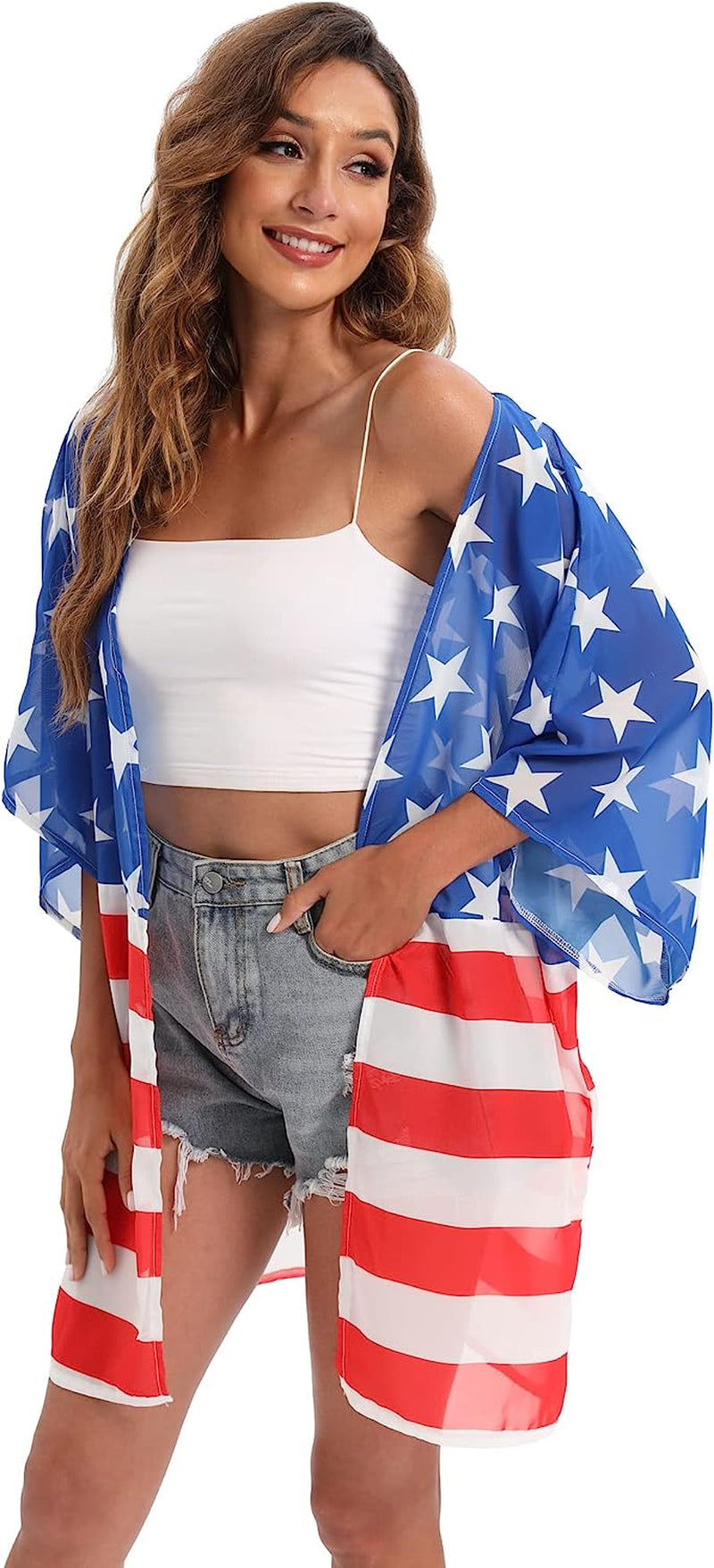  Women's American Flag Kimono Cover up Beachwear Cardigan Loose Tops Shirt Blouse
