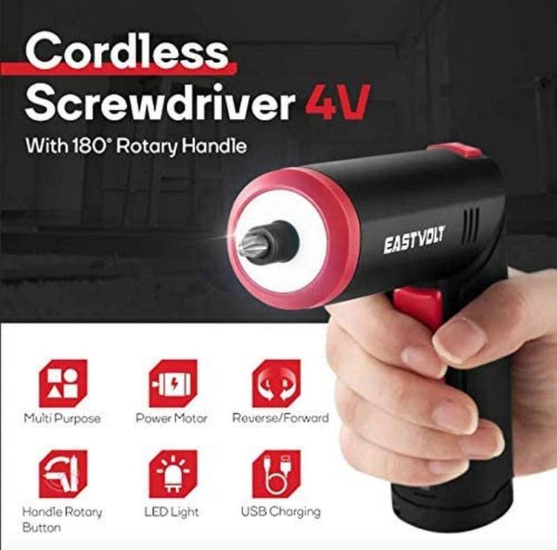 4V Cordless Screwdriver, 6Nm Electric Screwdriver Rechargeable with 90 Degree Rotary Handle, LED Light and USB Charging, Extension Rod, 32 Pieces Accessories
