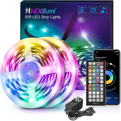 Nexillumi 50 Foot LED Strip Lights with Remote Music Sync LED Lights for Bedroom Color Changing SMD5050 RGB LED Strip Lights