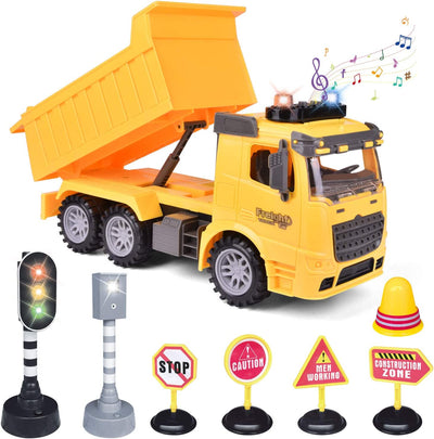 Construction Truck Toys with Street Signs, Friction Powered Dump Truck Toy with Sound & Light, Construction Toy Vehicle, Toy Trucks for Boys Age 2,3,4,5