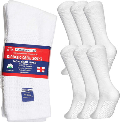 Special Essentials 6 Pairs Men'S Cotton Non Slip Diabetic Crew Socks White (9-11, White)