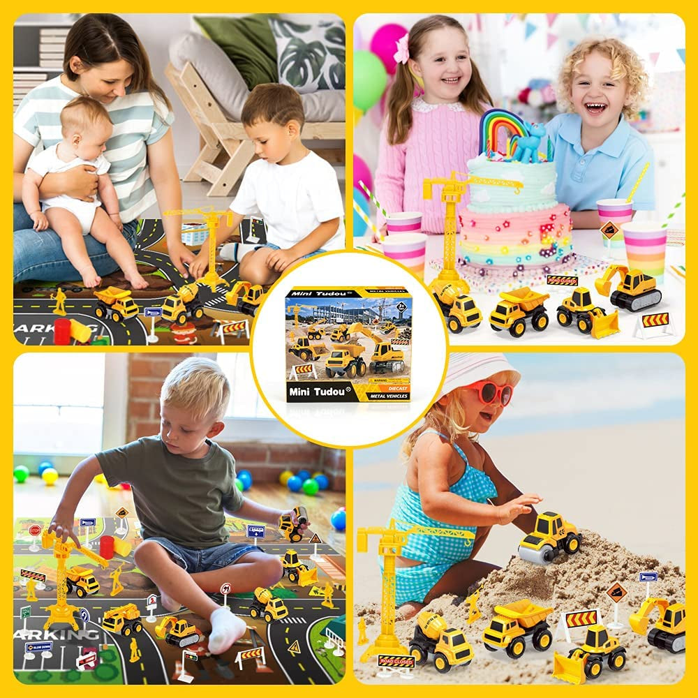 Mini Tudou Construction Trucks Toys, 6 PCS Diecast Construction Pull Back Cars Vehicle Set with Play Mat, Tower Crane, 4 Worker Figures & Multiple Traffic Signs to Build a Realistic Construction Site