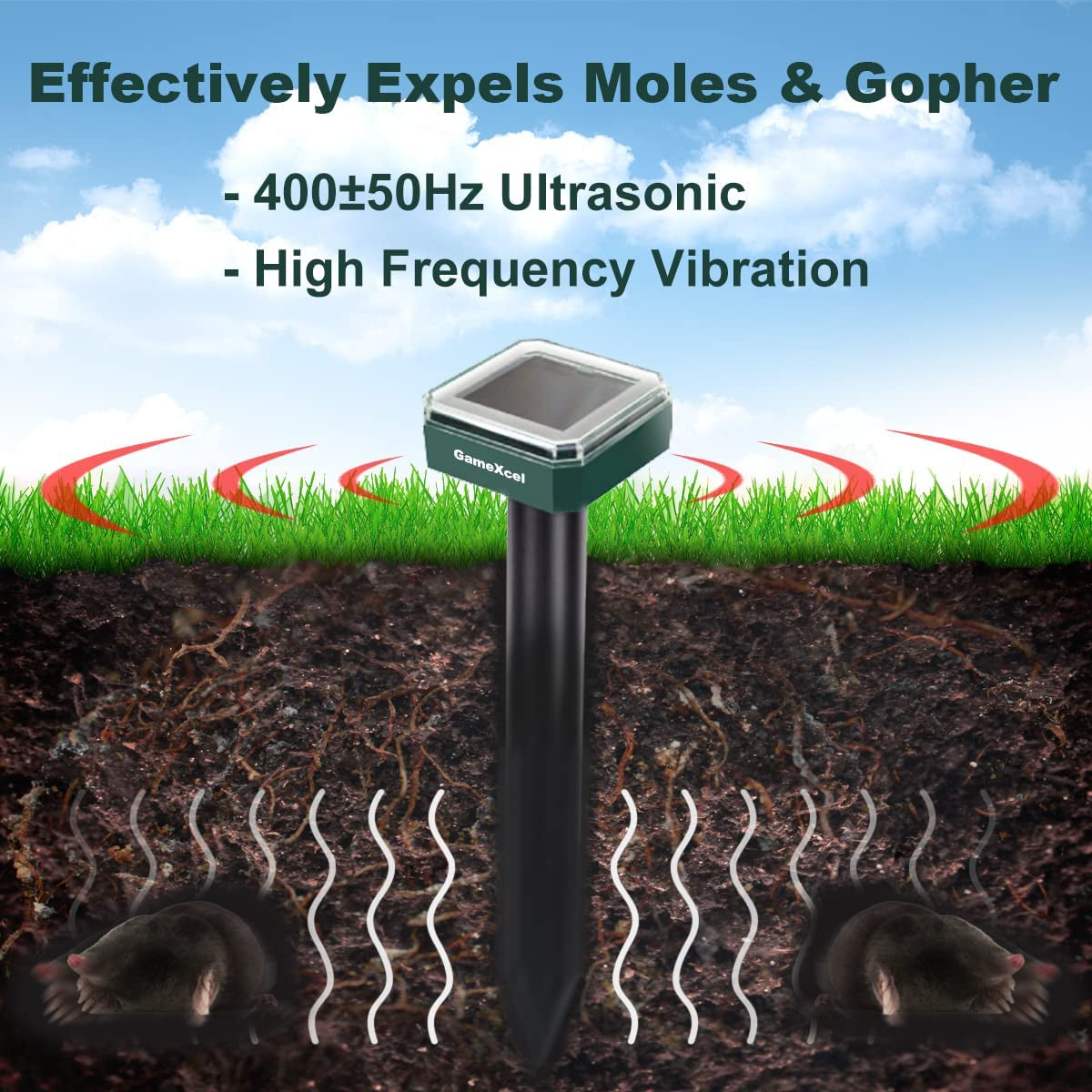 Solar Mole Repeller Gopher Repellent Ultrasonic Solar Powered 2pcs Pest Repeller for Mole Repeller Rodent Gopher Deterrent Vole Chaser for Lawn Yard & Garden 