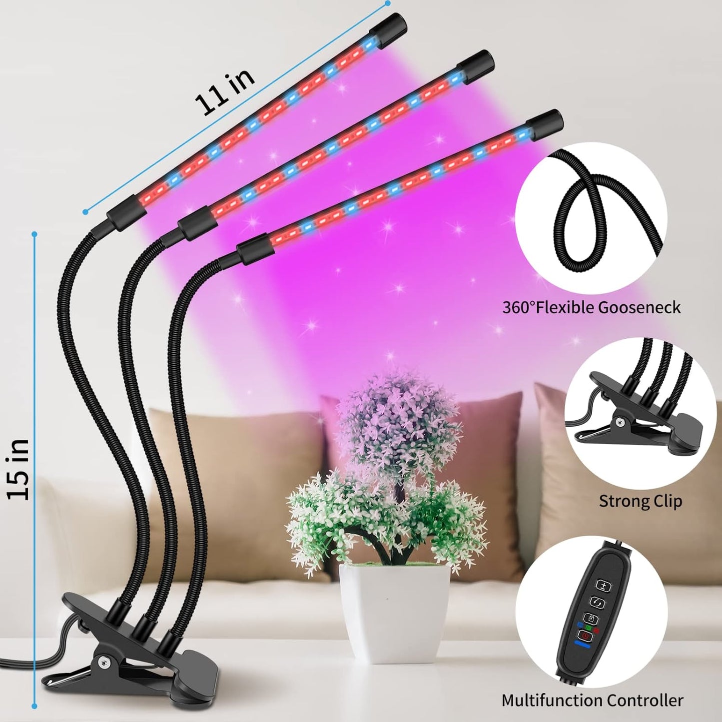Grow Light for Indoor Plant, Horizontal Plant Growth Lamp for Indoor Plants with Red/Blue Spectrum, Full Spectrum Adjustable Gooseneck, 3/9/12H Timer 3 Switch Modes, 3 Head