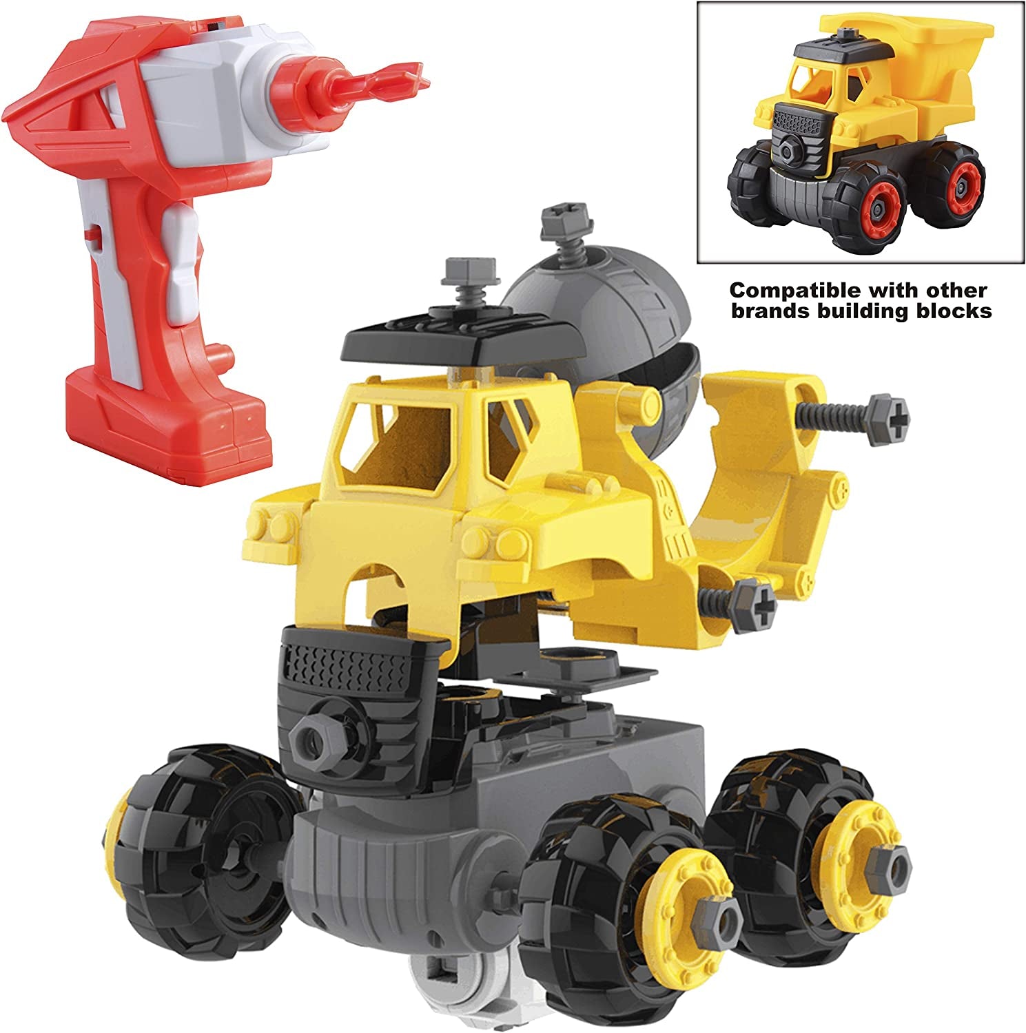 3 in 1 Take Apart RC Remote Control Truck Toy Combo Set and Remote Control Electric Drill, Including Fire Engine, Construction Truck, and Garbage Truck / Waste Management Recycling Truck