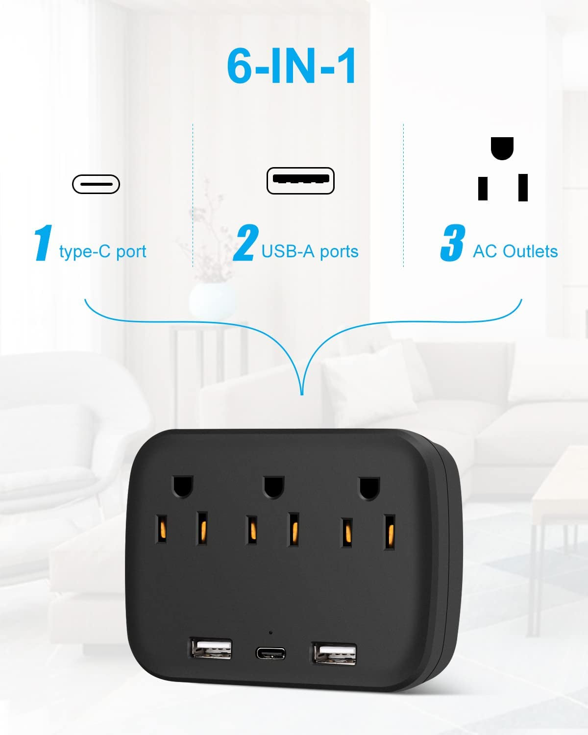  Converter Multi-Plug Outlet Splitter with USB C Ports