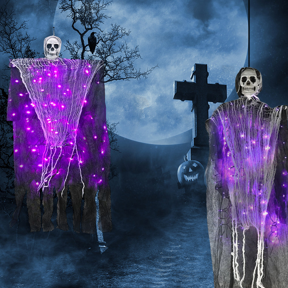 Hanging Halloween Ghosts Decorations, Grim Reaper with Halloween Purple String Lights for Halloween Indoor Outdoor Porch Party Decor