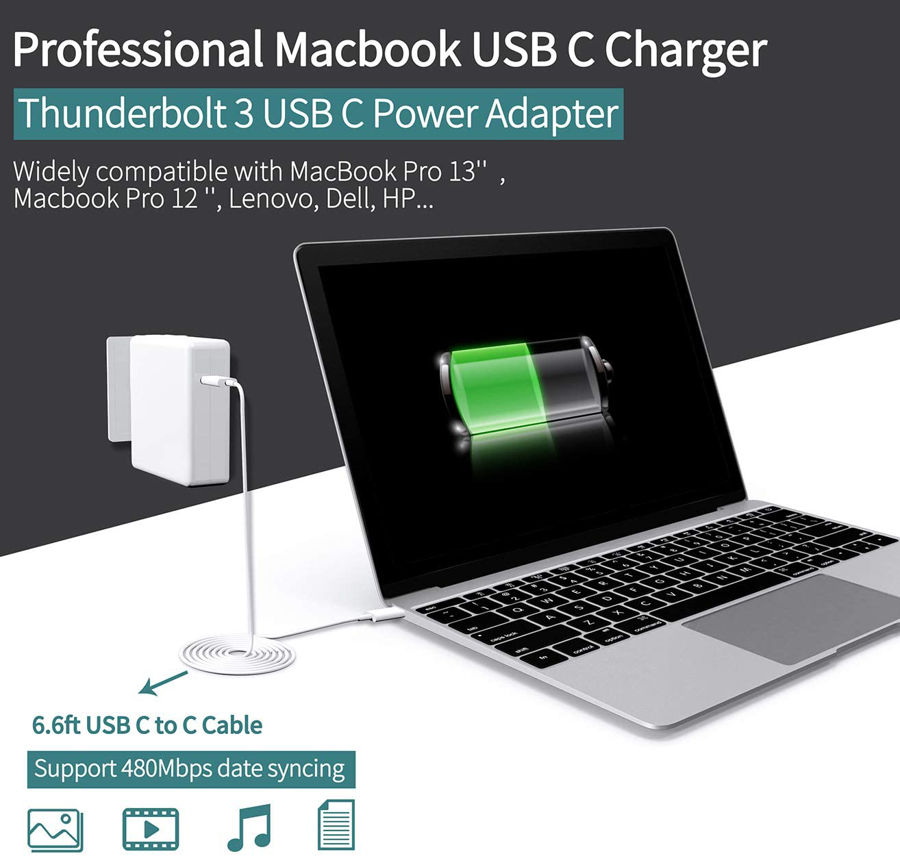 Replacement Mac Book Pro Charger, 61W USB C Charger Power Adapter for MacBook Pro 13 Inch 12 Inch, MacBook 13 Inch 12 Inch, MacBook Air 2018, ipad pro,Included USB-C to USB-C Charge Cable (6.6ft/2m)