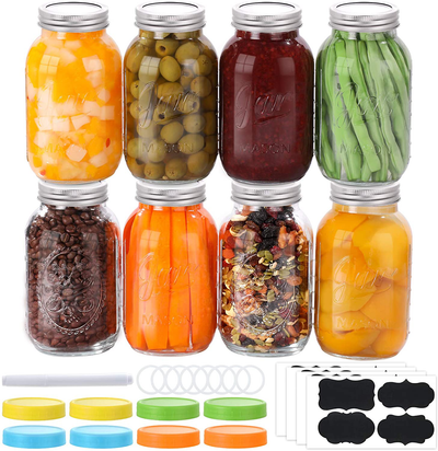 8 PACK Mason Jars 32 Oz, Large Regular Mouth Canning Jars with Metal Airtight Lids and Bands, Extra Leak-Proof Colored Lids, Chalkboard Labels, Marker, for Meal Prep, Food Storage, Canning, Preserving