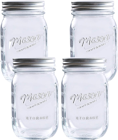 Hovico Mason Jars 17 oz With Regular Lids and Bands, Ideal for Jam,Dishwasher Safe Mason Jar for Fermenting, Kombucha, Kefir, Storing and Canning Uses, Clear- Set of 4 (Type B)