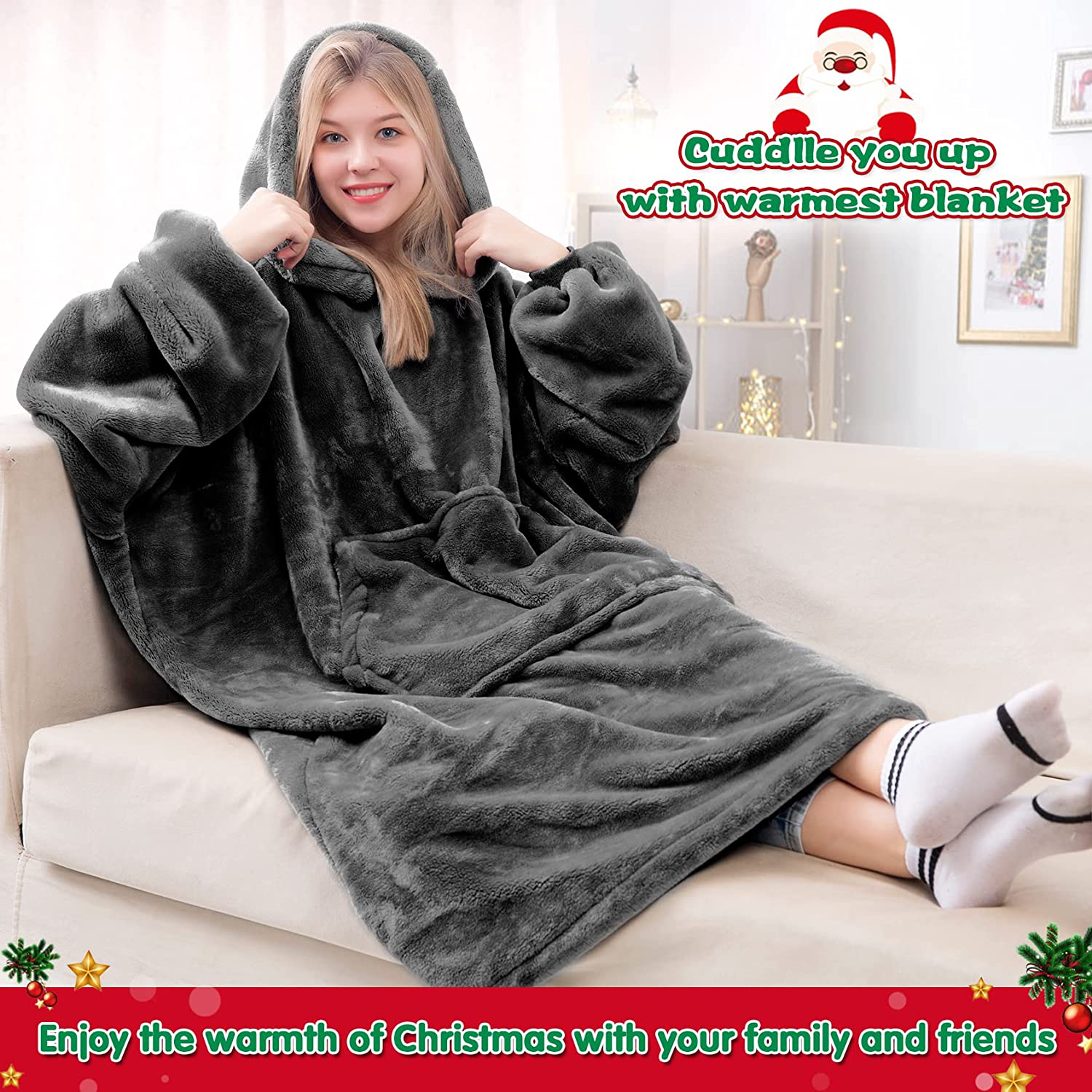 Waitu Wearable Blanket Sweatshirt for Women and Men, Super Warm and Cozy Giant Blanket Hoodie, Thick Flannel Blanket with Sleeves and Giant Pocket - Dark Gray